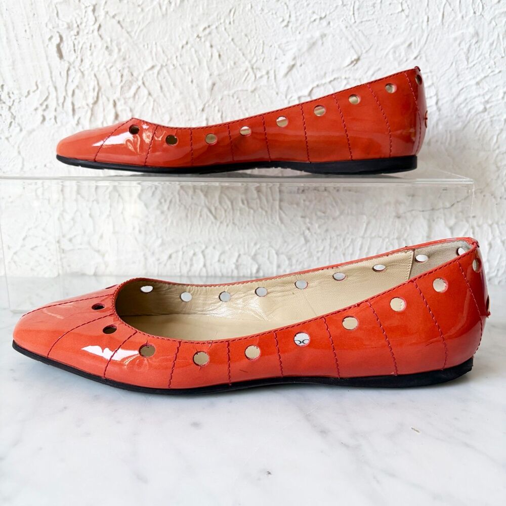 Jimmy Choo Perforated Ballet Flats 39 /9 Orange Patent Leather Square Toe Italy